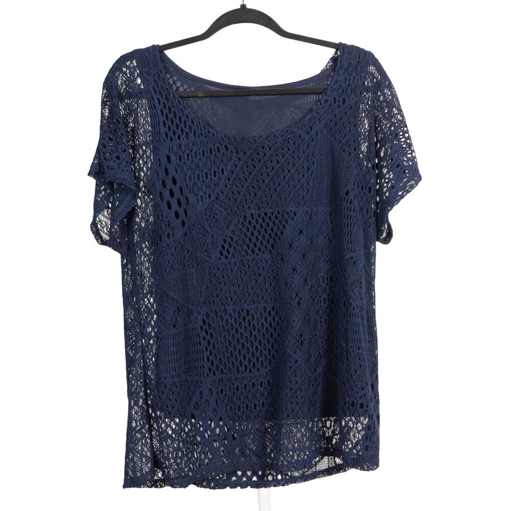 La Vanya Crochet Shirt L Womens Navy Blue Sheer Tank Indie Hippie Boho Set